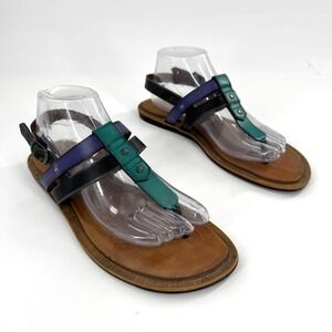 Clarks Billie Swing T-Strap Sandals Black Purple Teal Leather Flat Size 9M